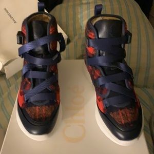 Women brand new Chloe flannel/leather  red and  blue sneakers